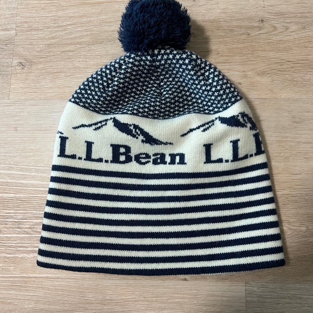 L.L. Bean Kids Striped Beanie in Navy and Cream